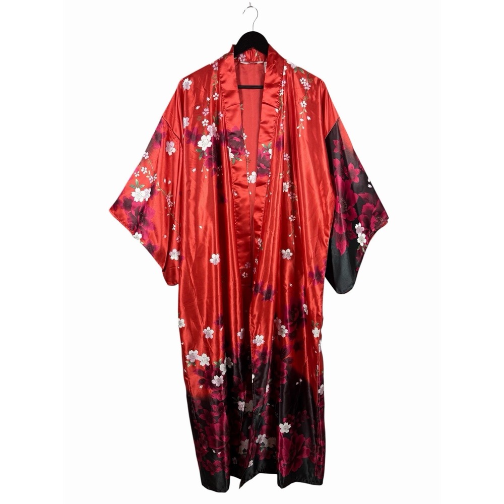 Vintage Juguemm Elegant Red &‎ Black Ombre Open Kimono – Floral Satin Robe, Boho